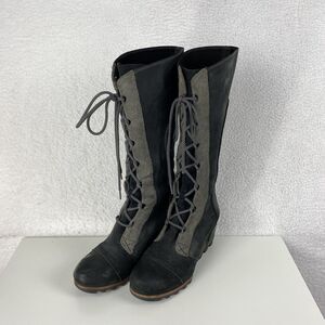 Sorel Boots Womens Size 8.5 Black Cate The Great Wedge Tall‎ Waterproof Lace Up